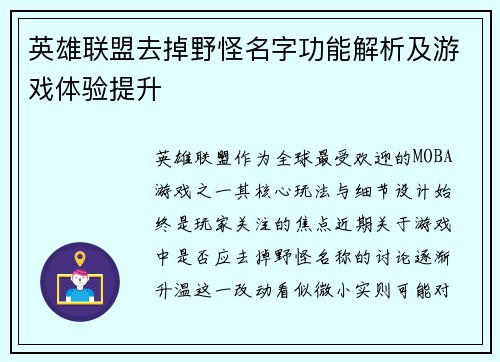 英雄联盟去掉野怪名字功能解析及游戏体验提升