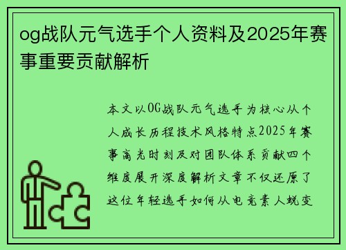 og战队元气选手个人资料及2025年赛事重要贡献解析