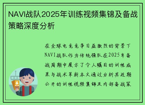 NAVI战队2025年训练视频集锦及备战策略深度分析